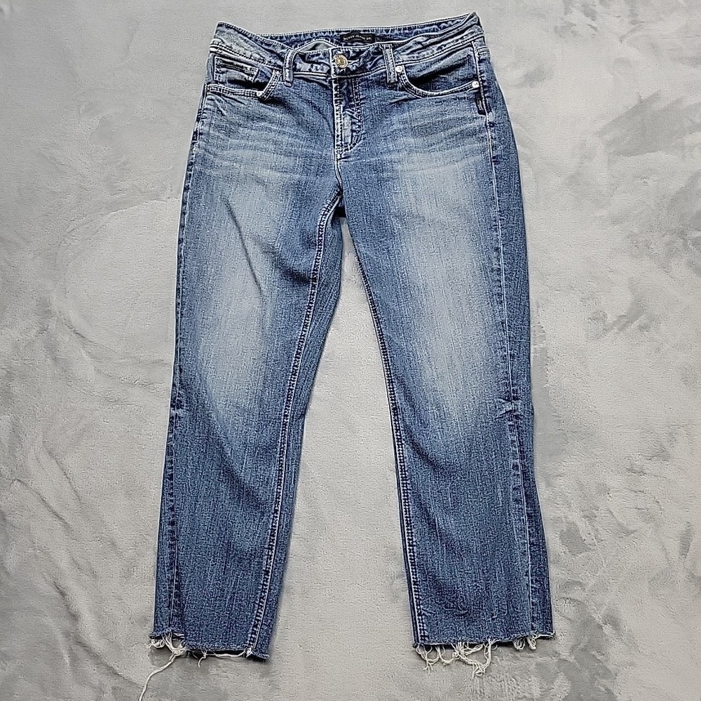 Silver Jeans Co Jeans Womens 28 Blue Elyse Capri Raw Hem Faded Distressed